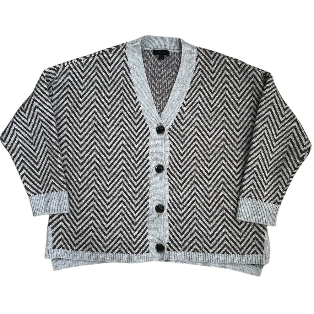 Ann Taylor XXL Chevron Knit Cardigan Sweater Brown Gray Oversized V-Neck